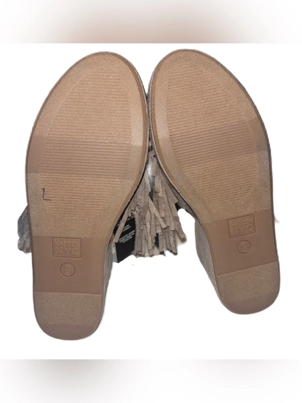 Madden NYC Fringe Wedge Slide Sandals Taupe Faux Suede Platform Size 9 NWT